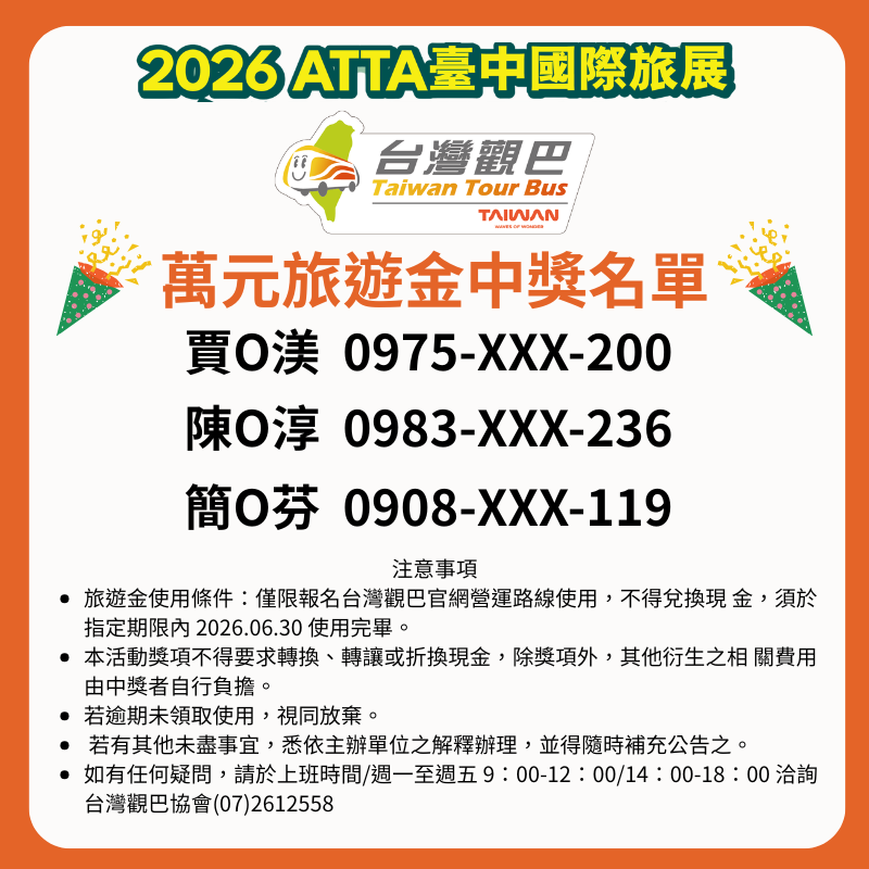 2026 ATTA臺中國際旅展  中獎名單